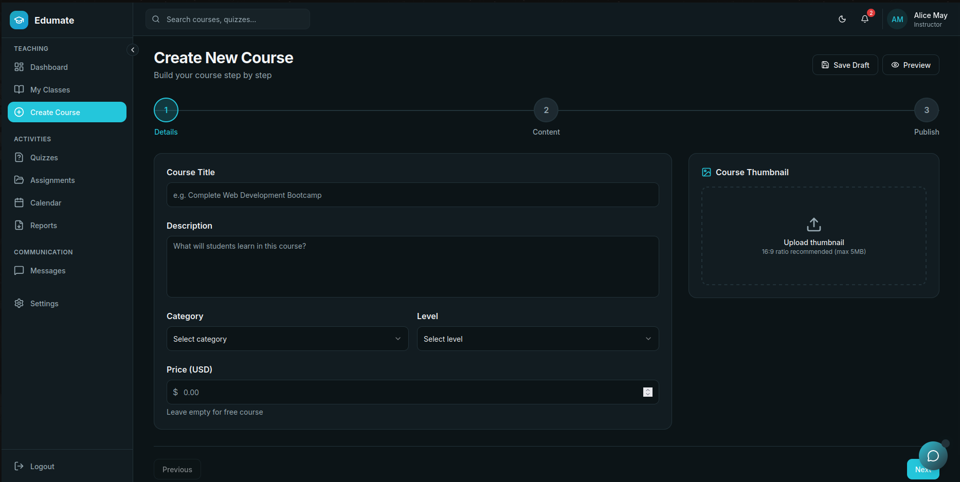 Create Course Page Step 01