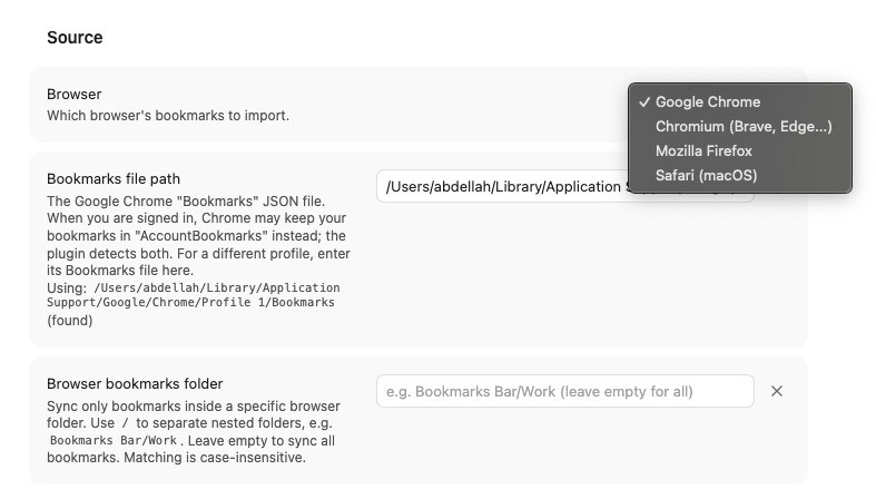 Bookmarks Sync Settings