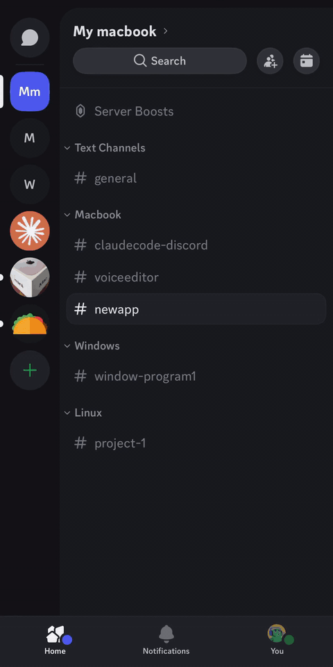 Demo — register a project and code with Claude from Discord