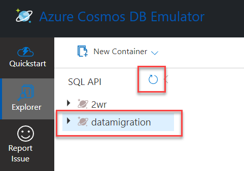 The datamigration database displays with the refresh button highlighted.