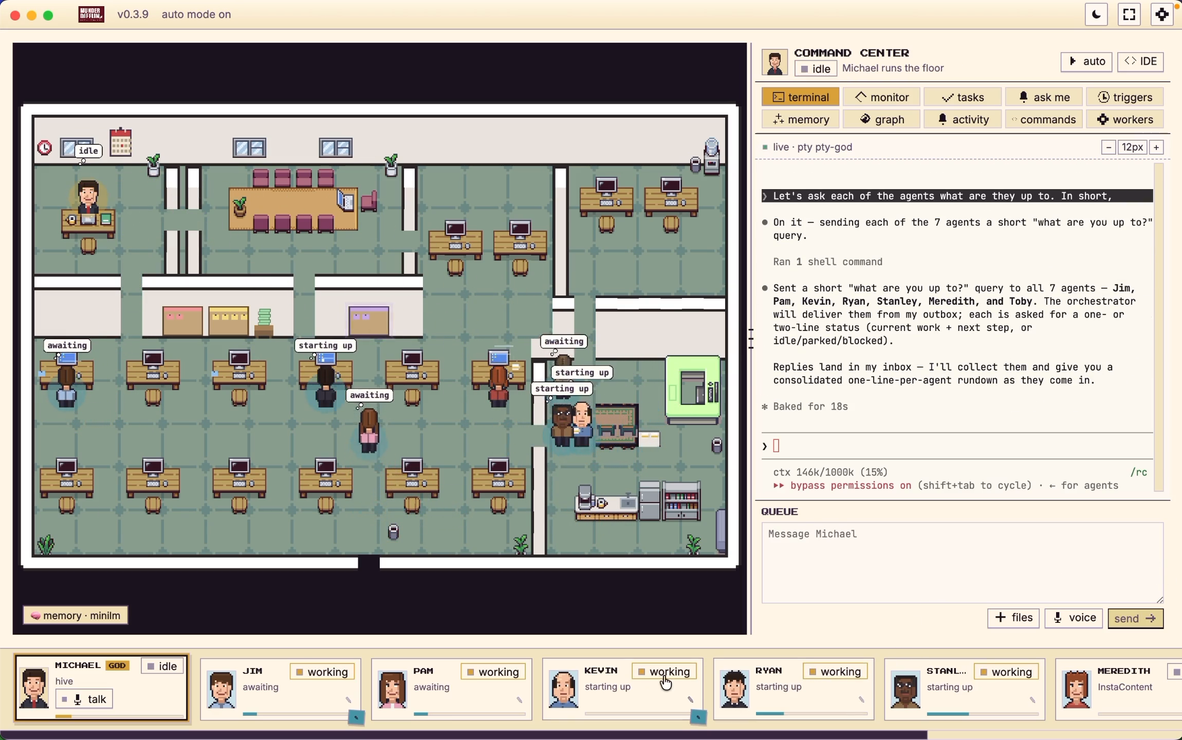 The Munder Difflin office floor: agents at desks working in parallel, with the Command Center and a live agent terminal on the right
