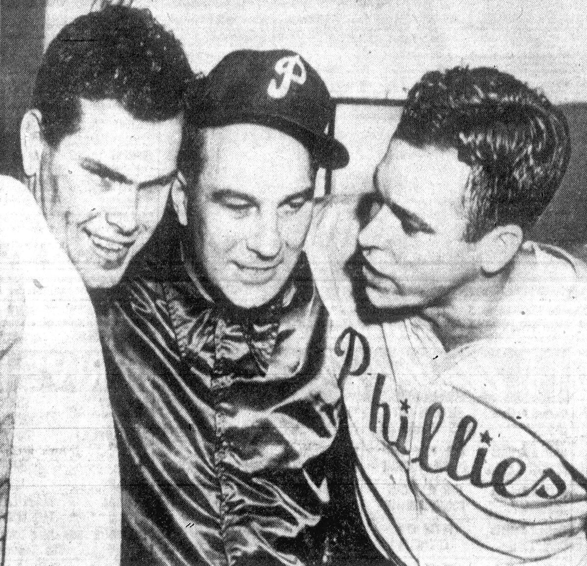 Whiz Kids Robin Roberts, manager Eddie Sawyer and Dick Sisler in October 1950, the season Philadelphia's young team took the National League pennant