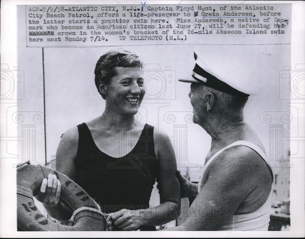 Marathon swimmer Greta Andersen at Atlantic City in a 1958 press photo — the 1948 Olympic champion became the outstanding woman of the Daily Mail's cross-Channel race series that launched this day in 1950