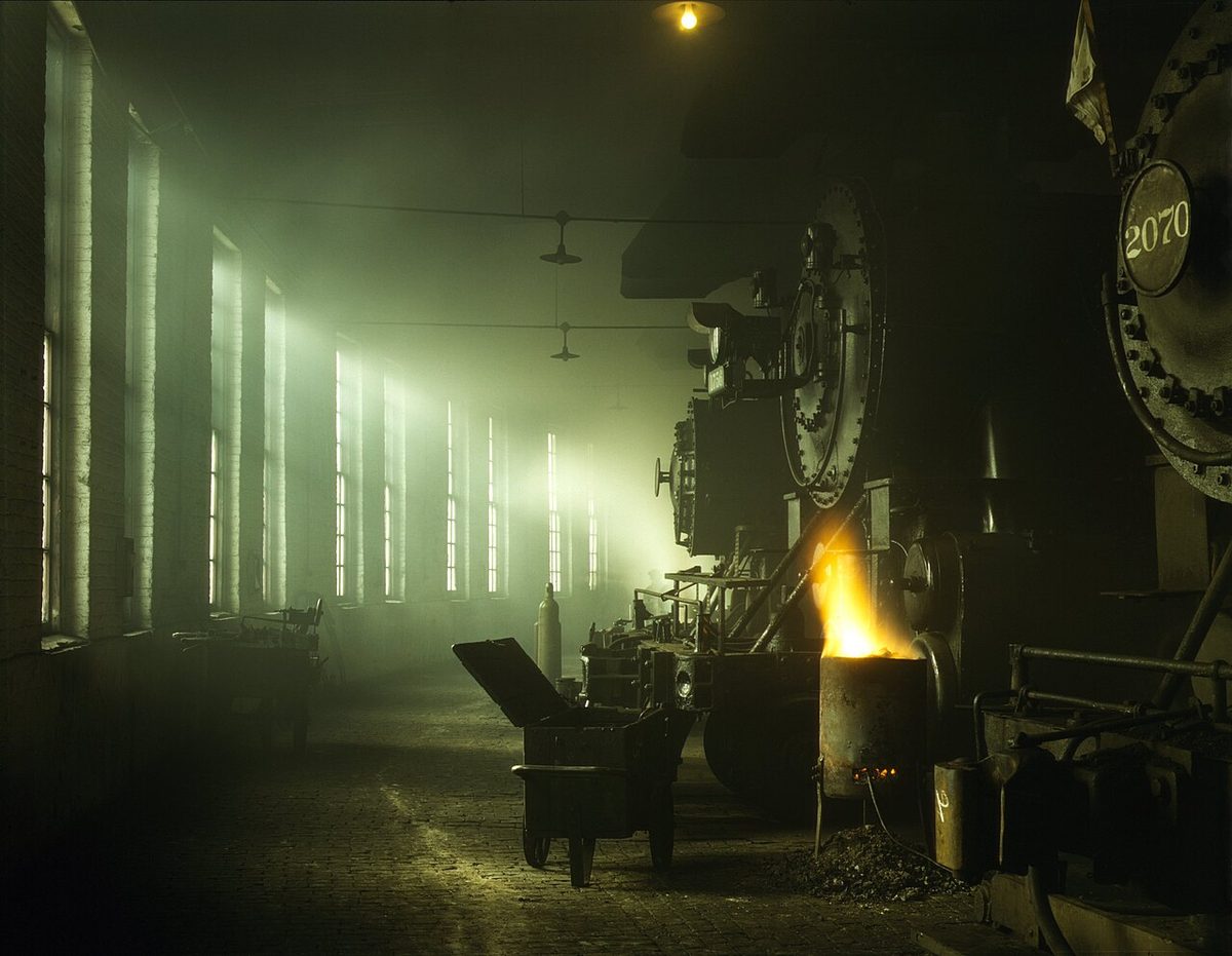 Chicago & North Western locomotives in the Chicago roundhouse, December 1942 (Kodachrome by Jack Delano) — the kind of railroads Truman ordered the Army to seize