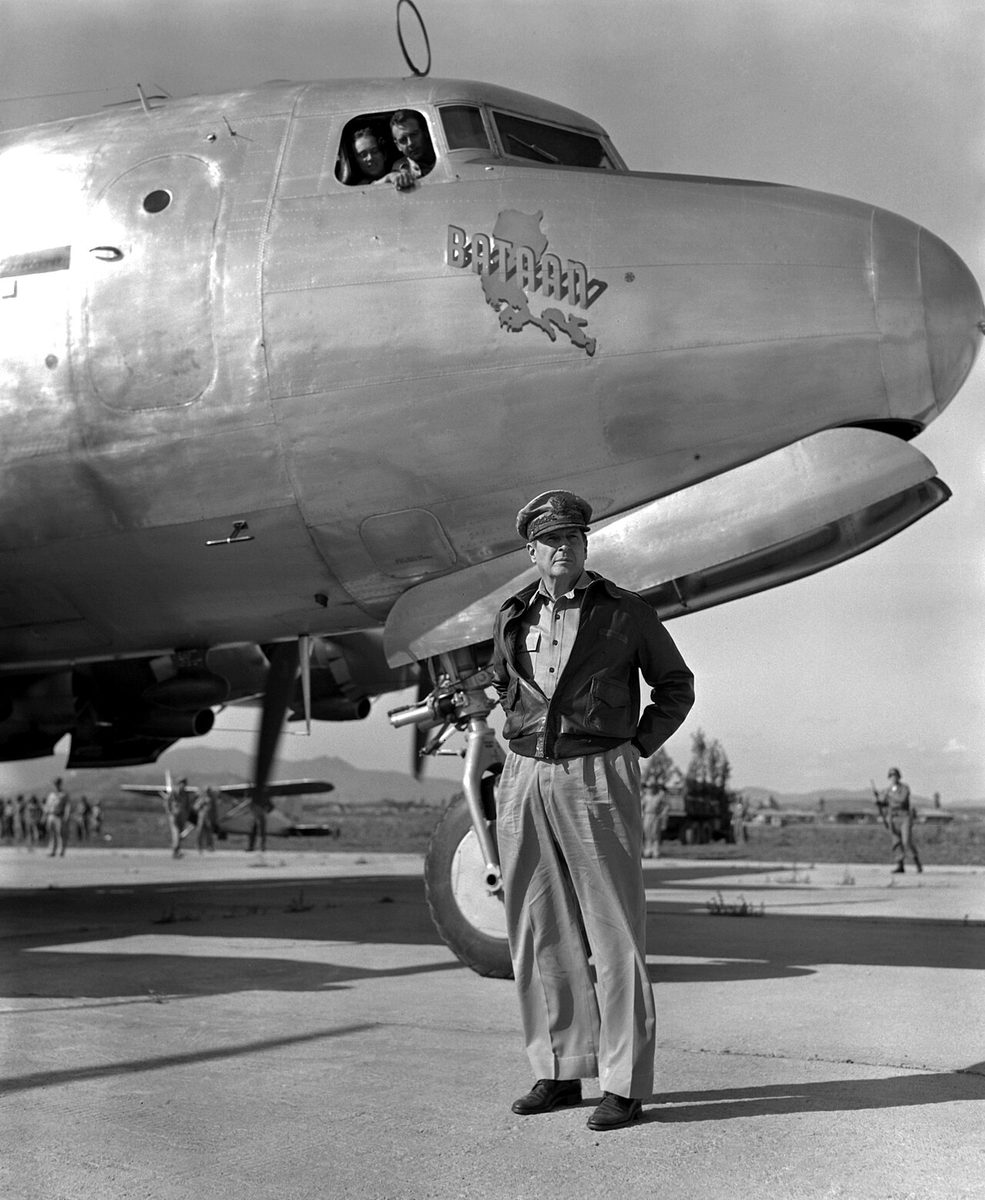 General Douglas MacArthur on an inspection tour of the Korean front, 1950