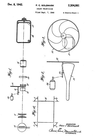 Patent diagrams of Peter Goldmark's CBS field-sequential color television system with its spinning color-filter disk