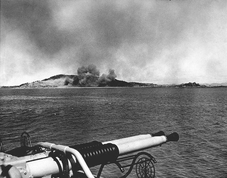 Wolmi-do island under U.S. naval bombardment, September 13, 1950 — two days before the Inchon landing