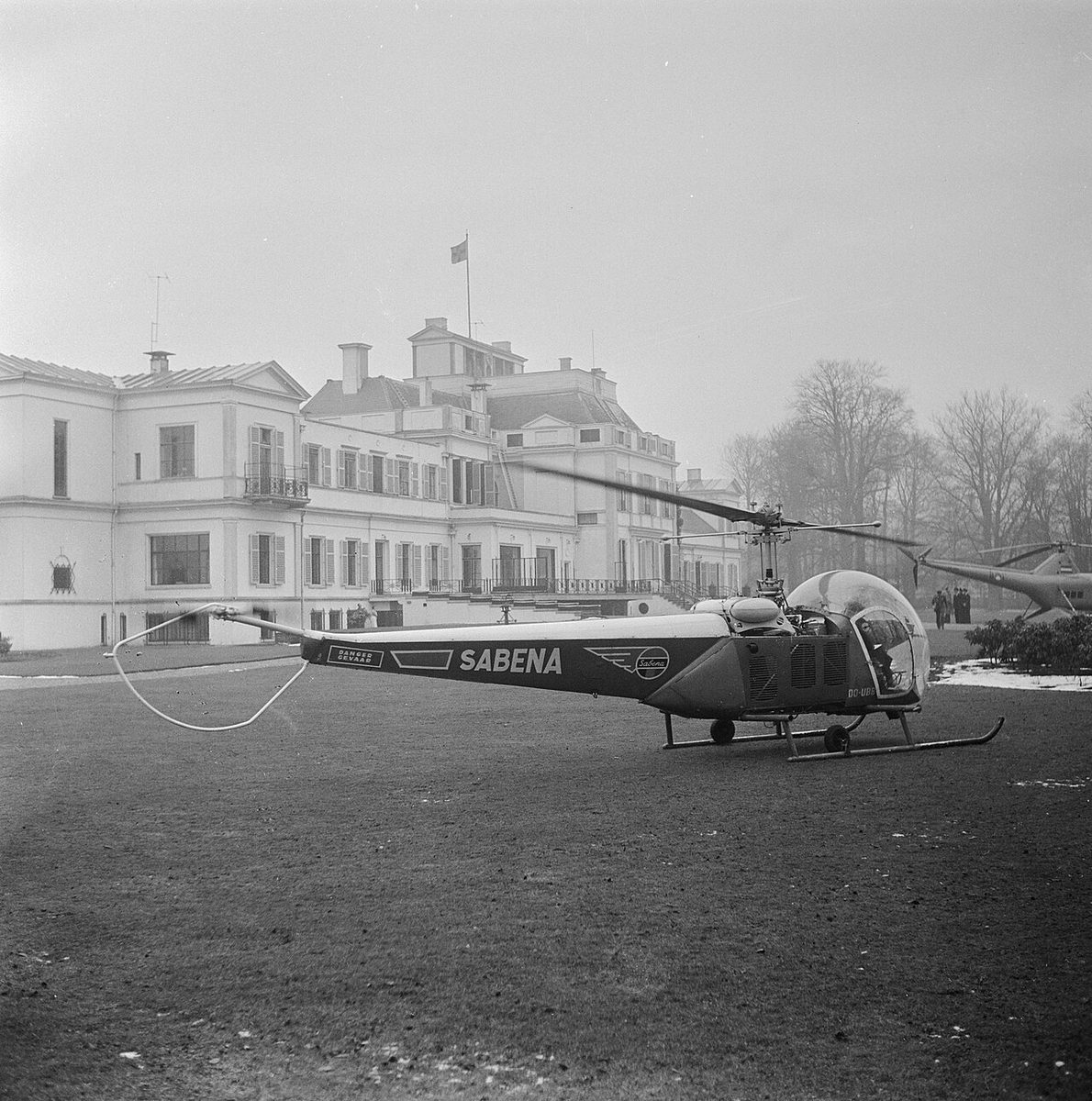 A Sabena Bell 47 — the same iconic bubble-canopy type that made the first helicopter crossing of the Alps — photographed in the Netherlands, February 1953