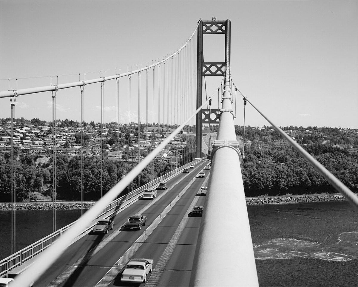 The 1950 Tacoma Narrows Bridge — 'Sturdy Gertie' — in a Historic American Engineering Record photograph