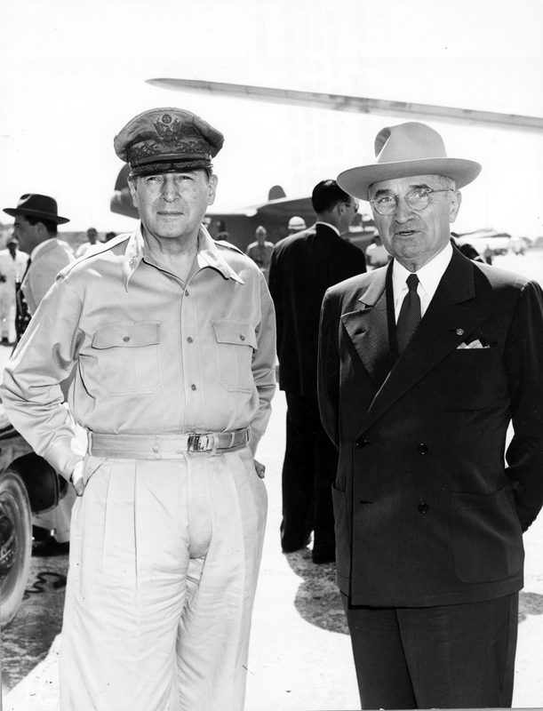 President Truman met by General MacArthur at Wake Island, October 15, 1950