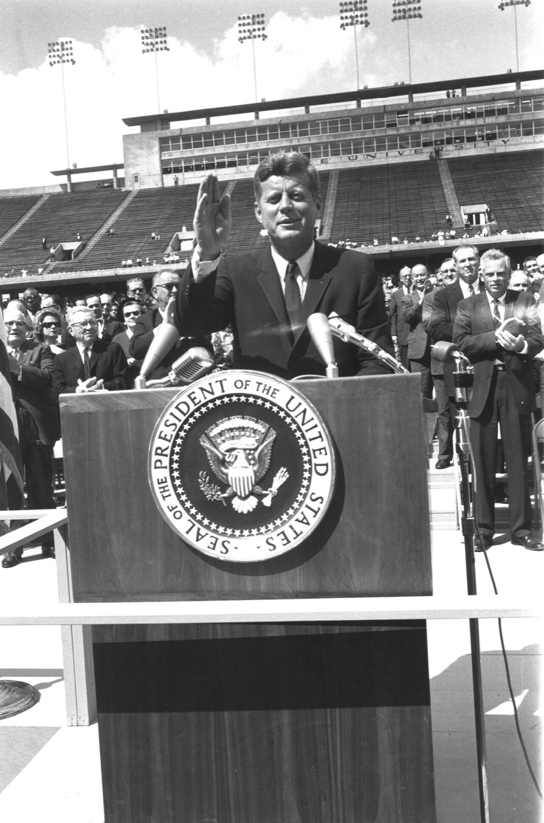 President Kennedy speaking at Rice University Stadium, Houston, September 12, 1962