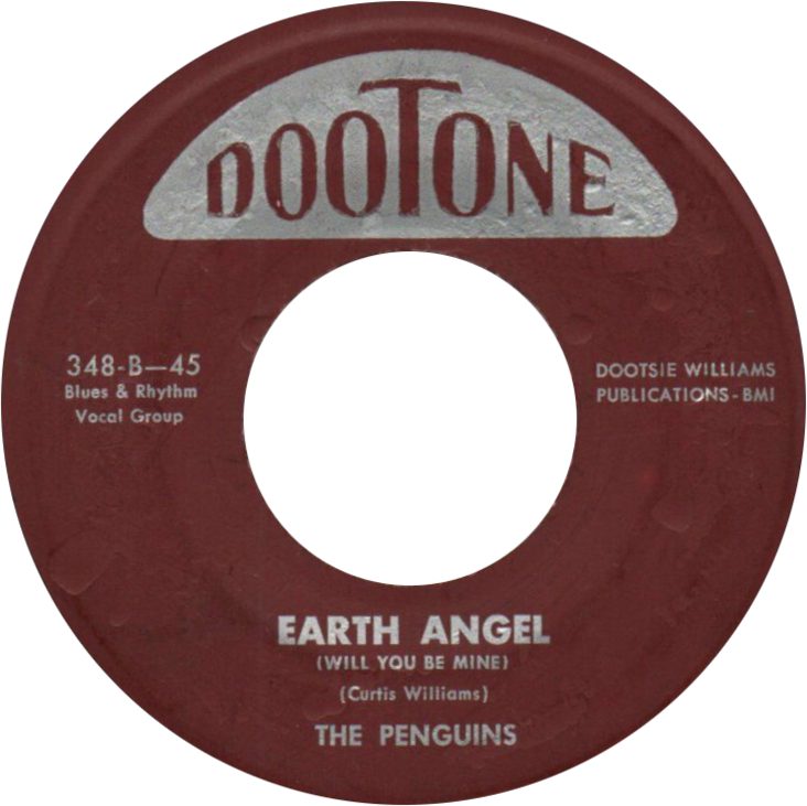 The maroon DooTone label of the original 1954 pressing — "Earth Angel" as the B-side of catalogue number 348