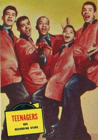 Frankie Lymon and the Teenagers on their 1957 Topps Hit Stars card — Herman Santiago, Jimmy Merchant, Sherman Garnes, Frankie Lymon and Joe Negroni