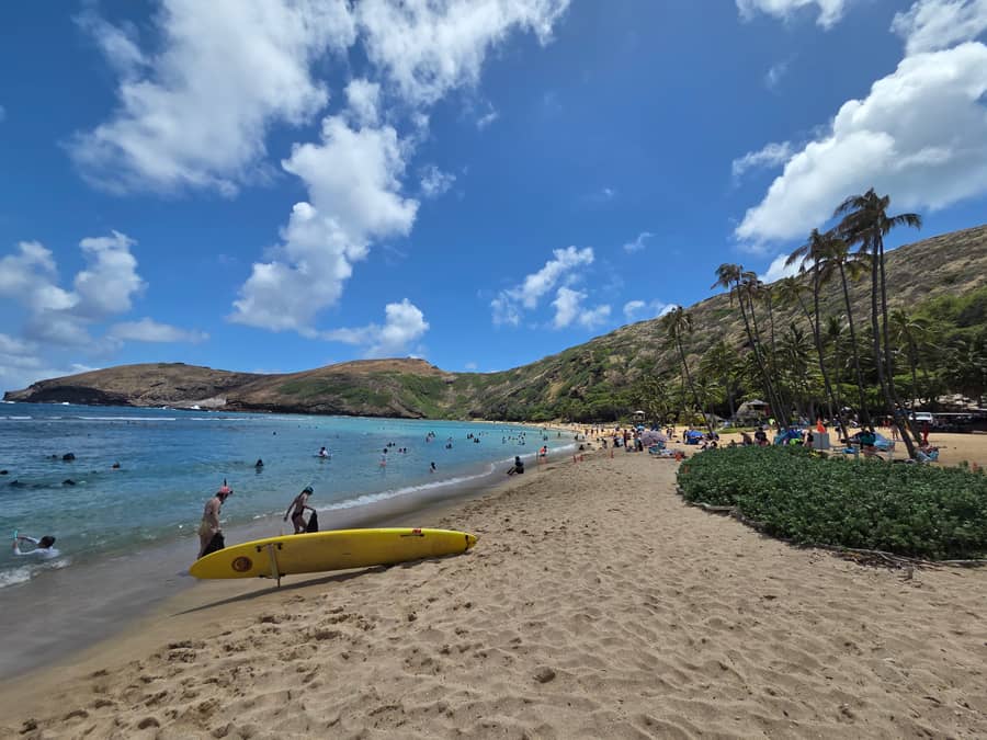 마카푸우 인근 해변 파노라마 — 노란 인명구조 서프보드와 야자수 그늘