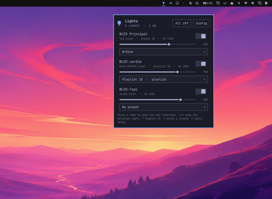 WLED lights with power, brightness and presets in the Omarchy bar