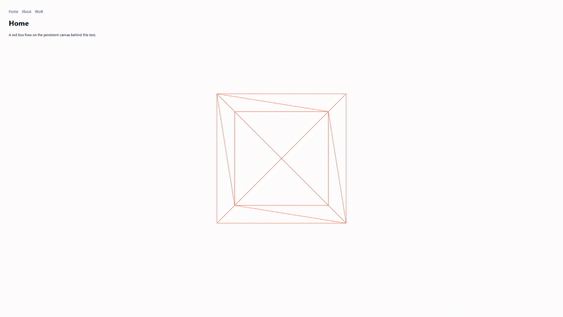 Diorama demo: one persistent Three.js canvas crossfading between per-page scenes across Inertia navigations