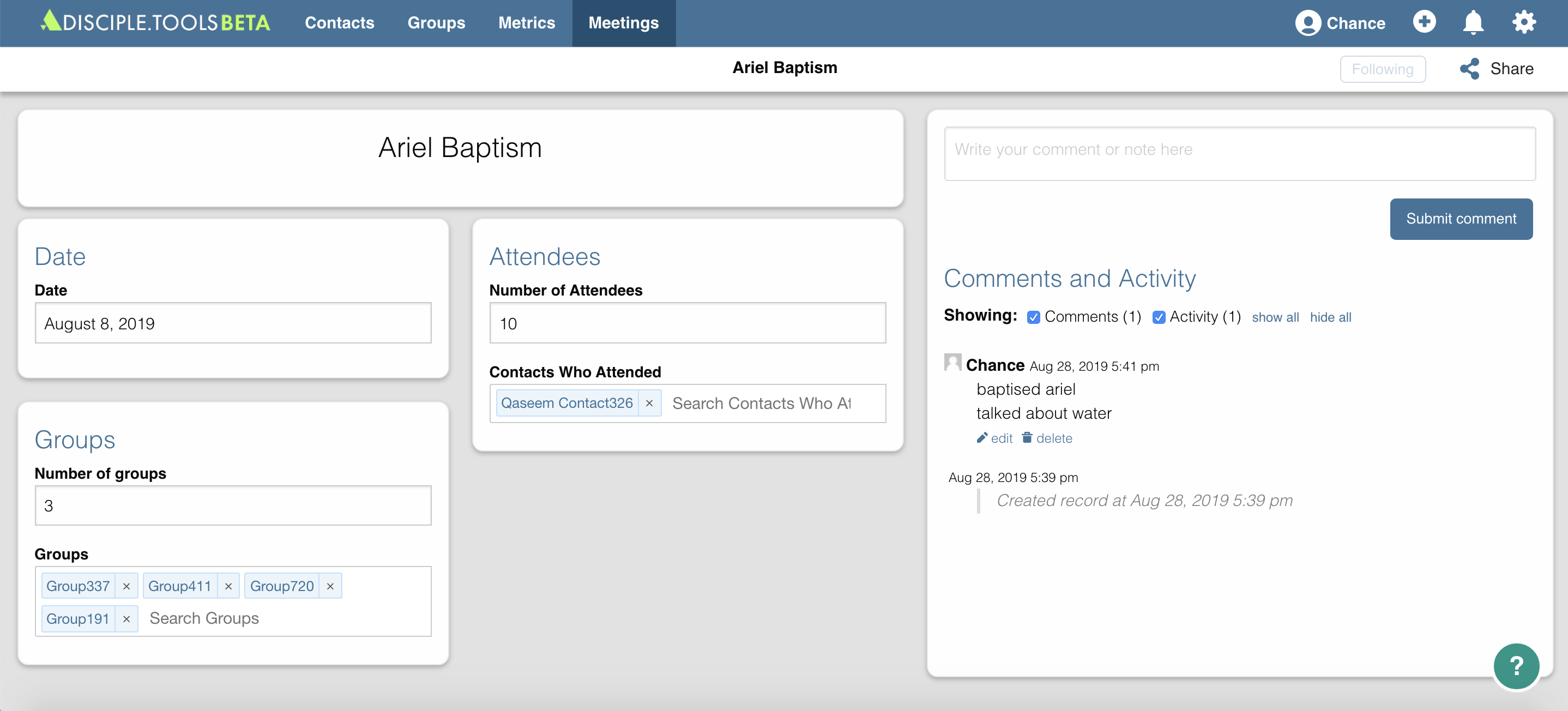 Meetings details record page