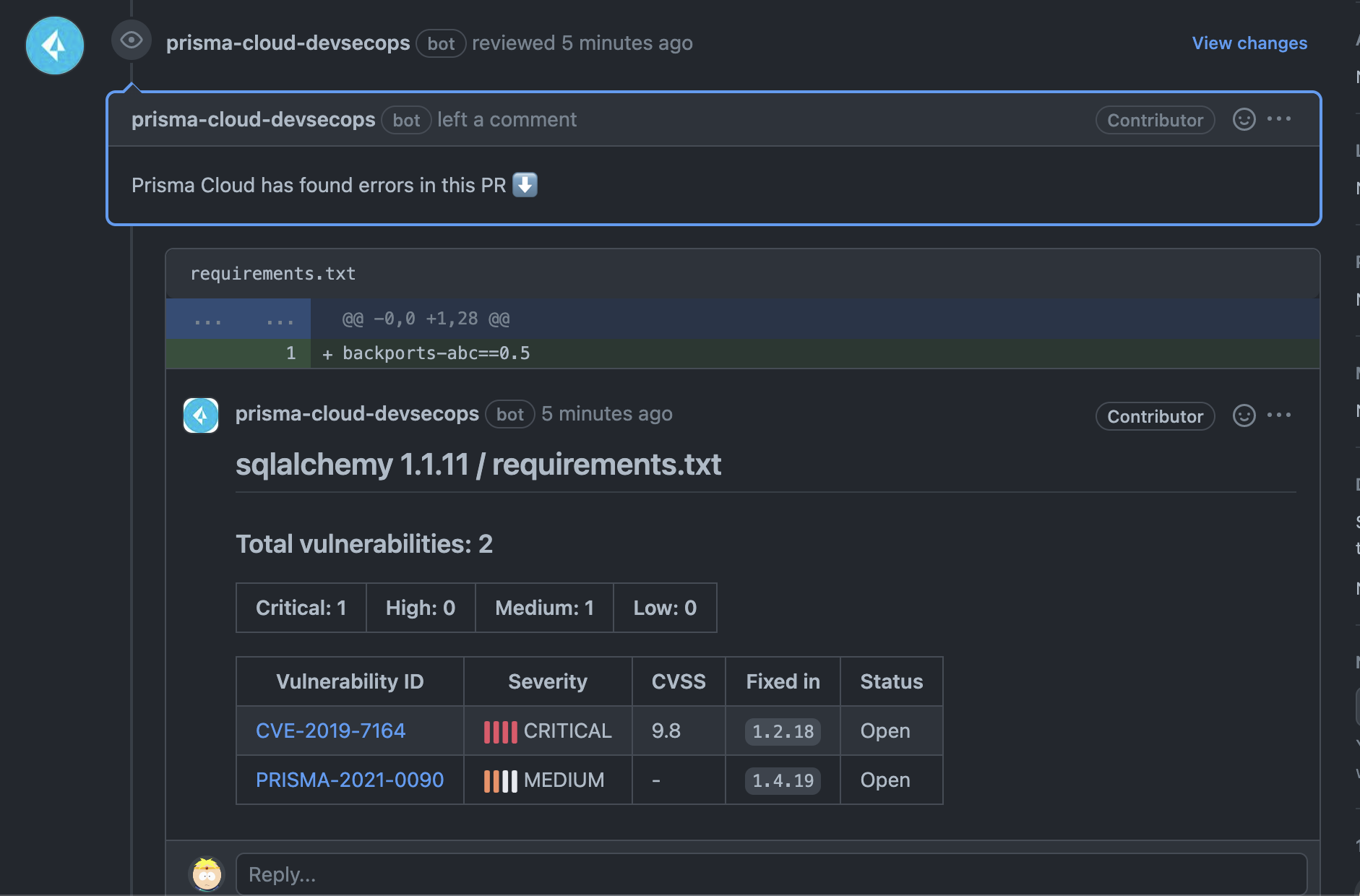 Prisma bot comment in Github review process