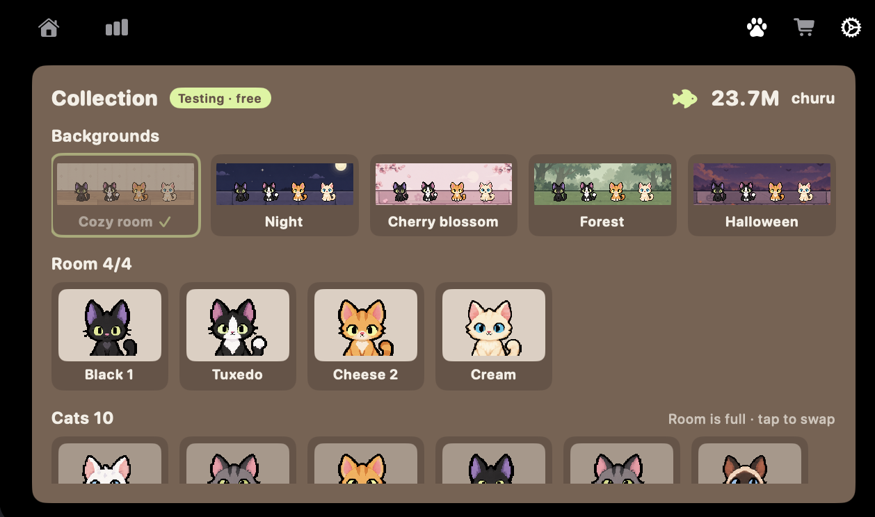 The collection, where you pick one of five backgrounds and the cats that live in the room