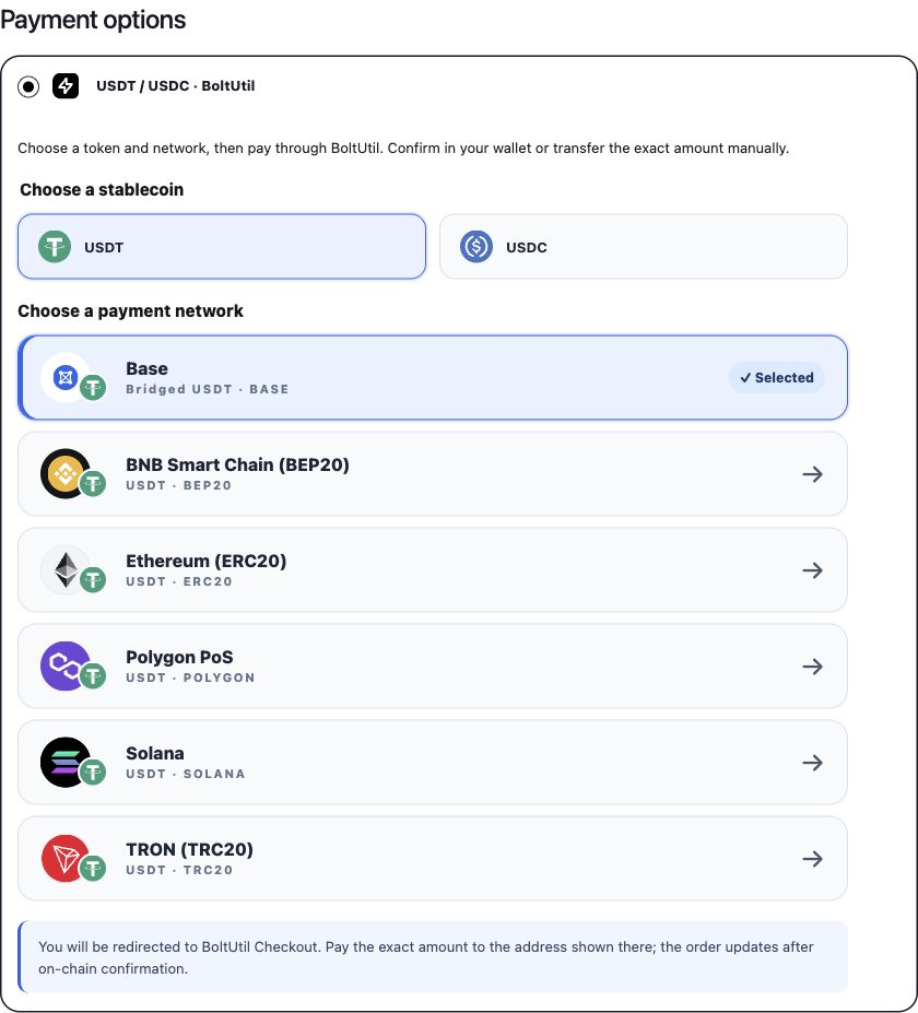 USDT selected in the real WooCommerce demo checkout, with six available networks