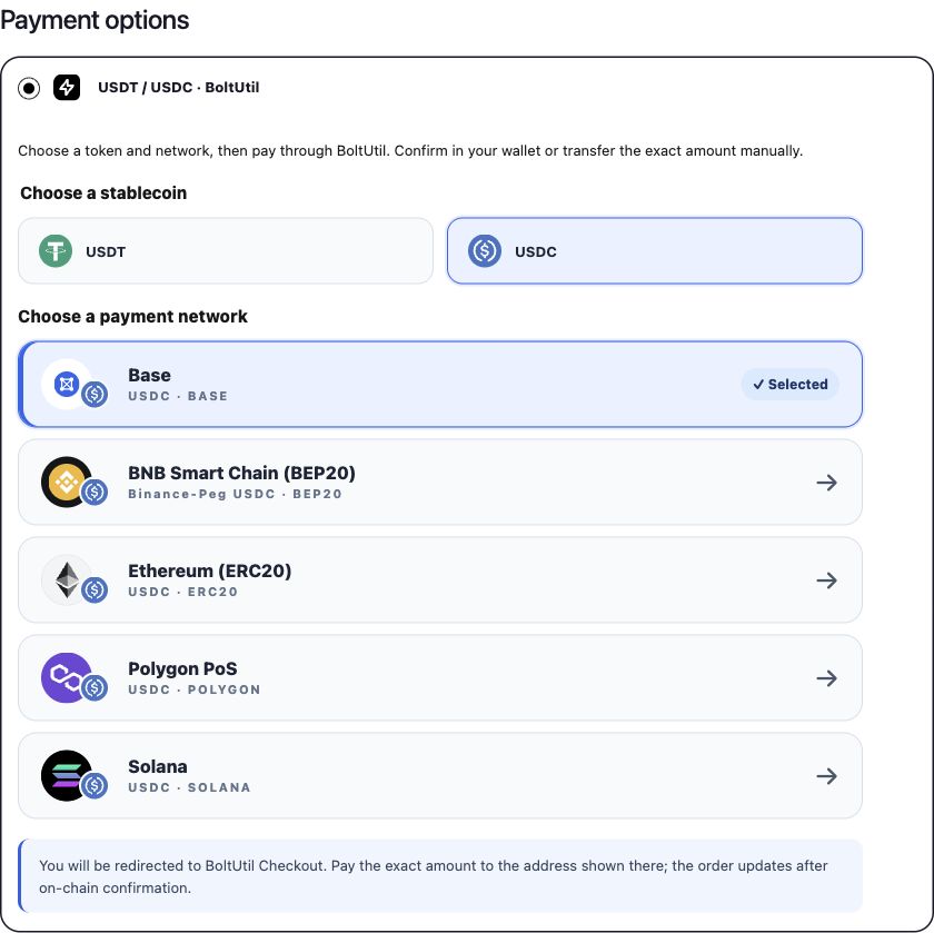 USDC selected in the same checkout, with five available networks