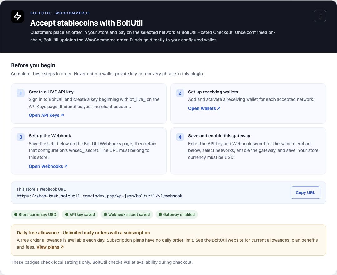 BoltUtil merchant setup guide in WooCommerce, with no secret credential fields shown