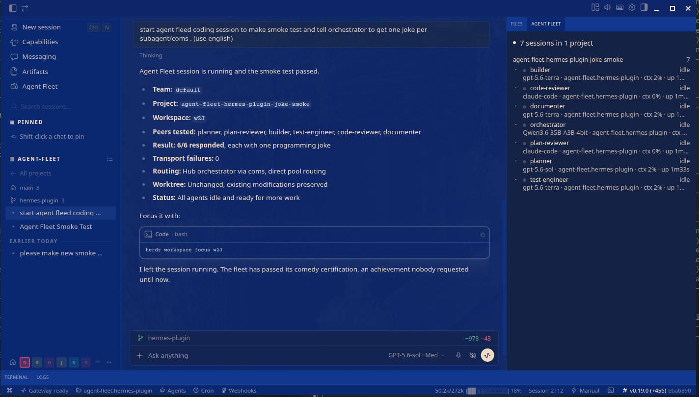 The Agent Fleet panel in Hermes Desktop, listing seven live sessions in one project with their models, context use and uptime, beside the chat that started them
