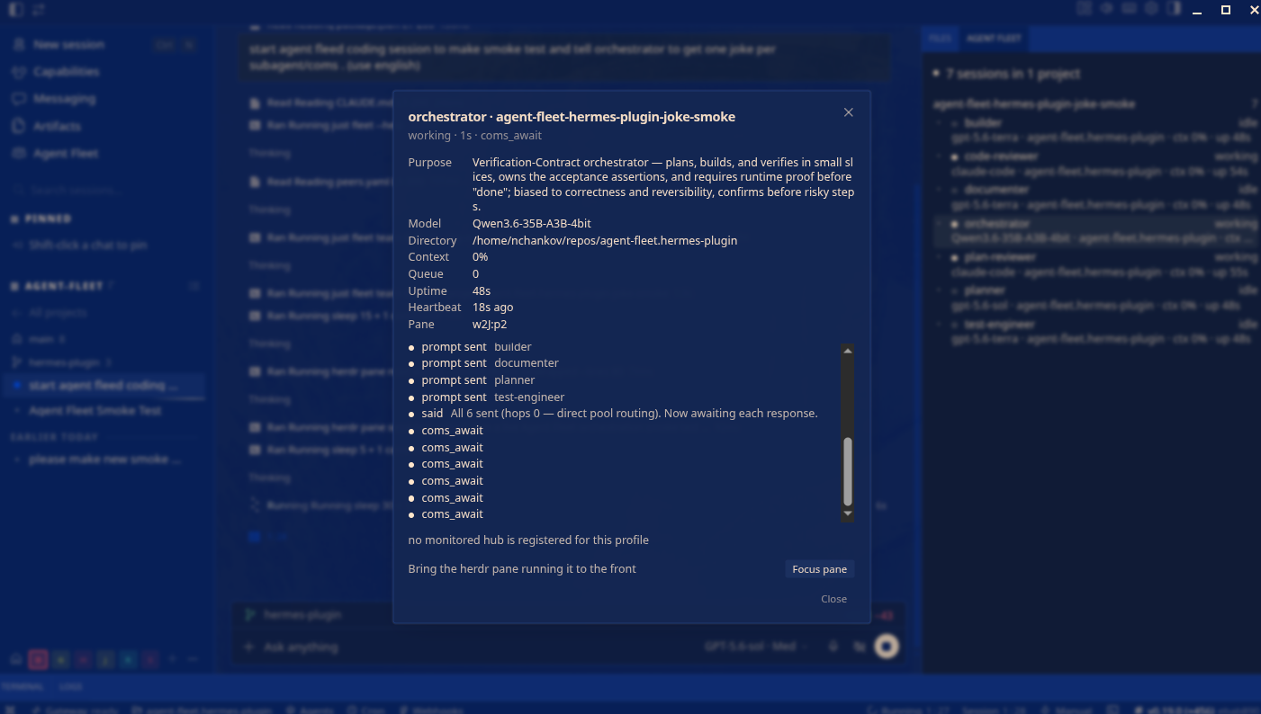 The session modal for an orchestrator: purpose, model, directory, context, queue, uptime and heartbeat, above a live activity tail and the Focus pane action