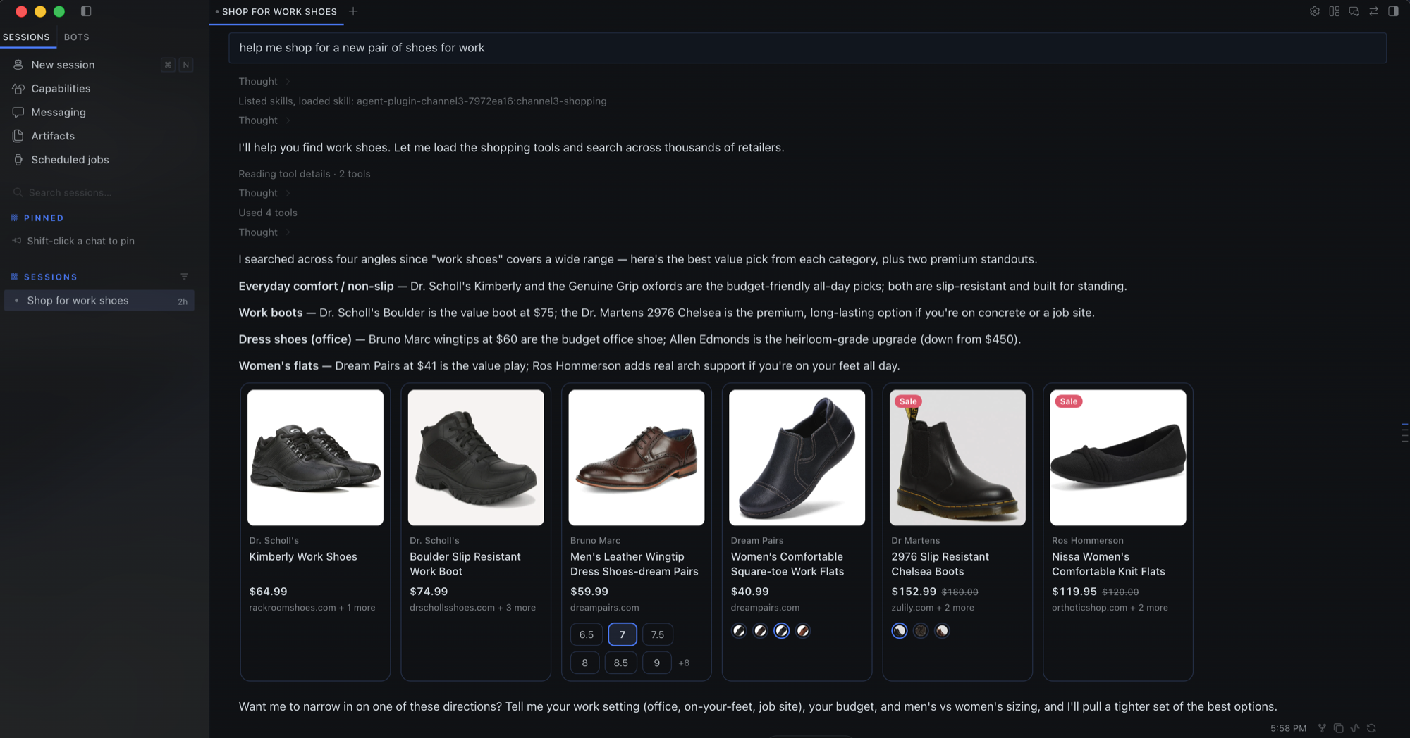 Product cards in a Hermes Desktop chat