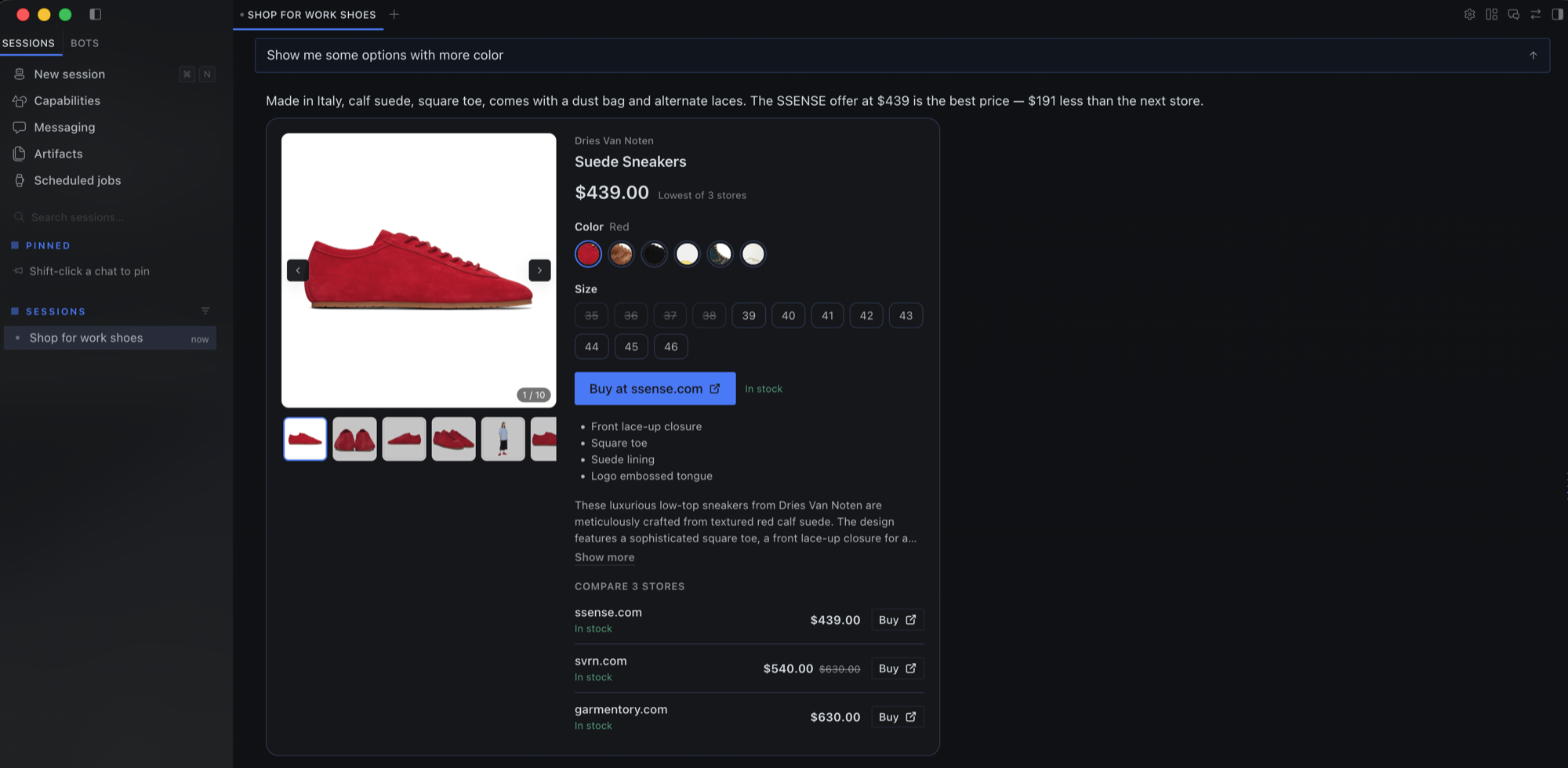 Product detail view with variants and store comparison