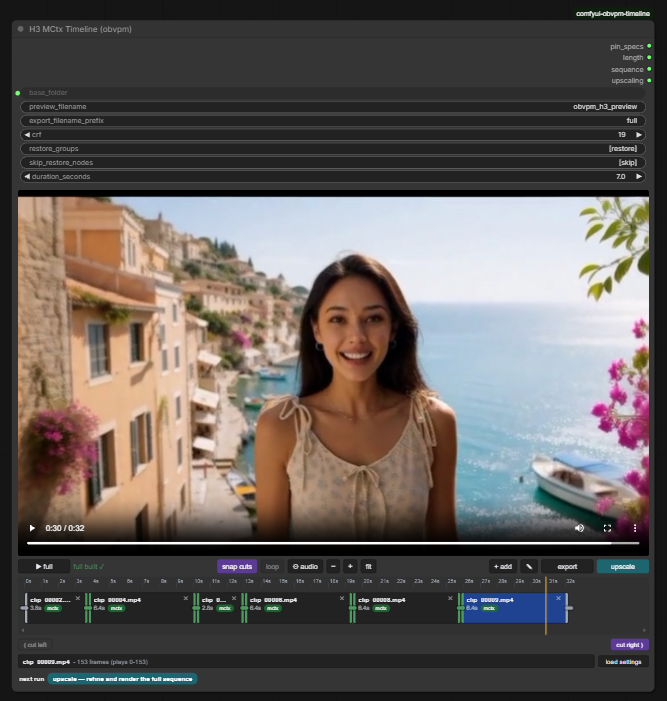 The Timeline node: three clips on the timeline, with the first one set to be prepended