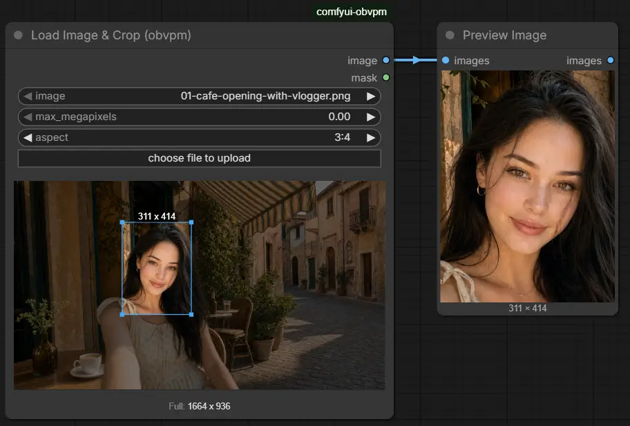 Load Image & Crop connected to a preview, showing a fixed 3:4 crop
