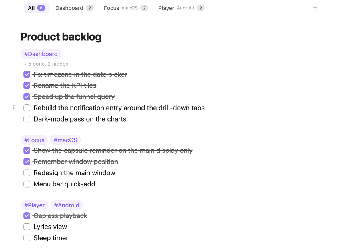 A backlog note with a tab bar, a folded run of completed tasks and a drag handle