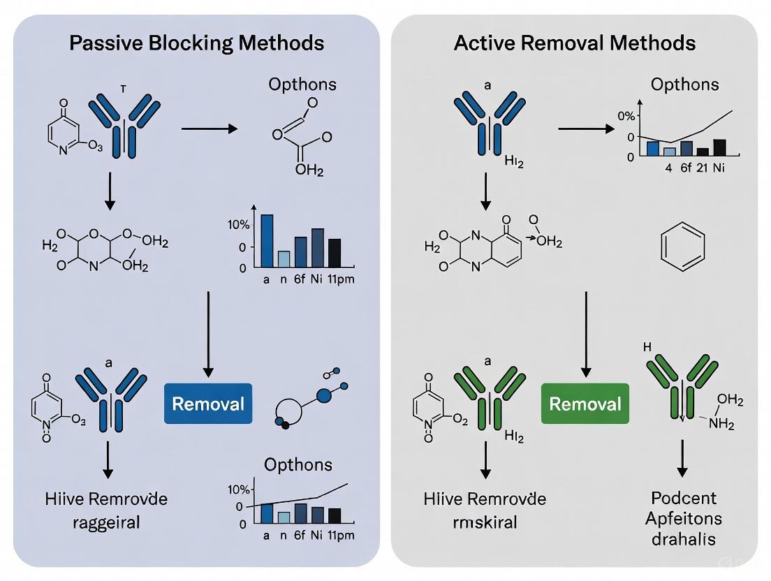 Active Removal vs. Passive Blocking: A Strategic Comparison for Enhanced Biomedical Assays and Therapeutics