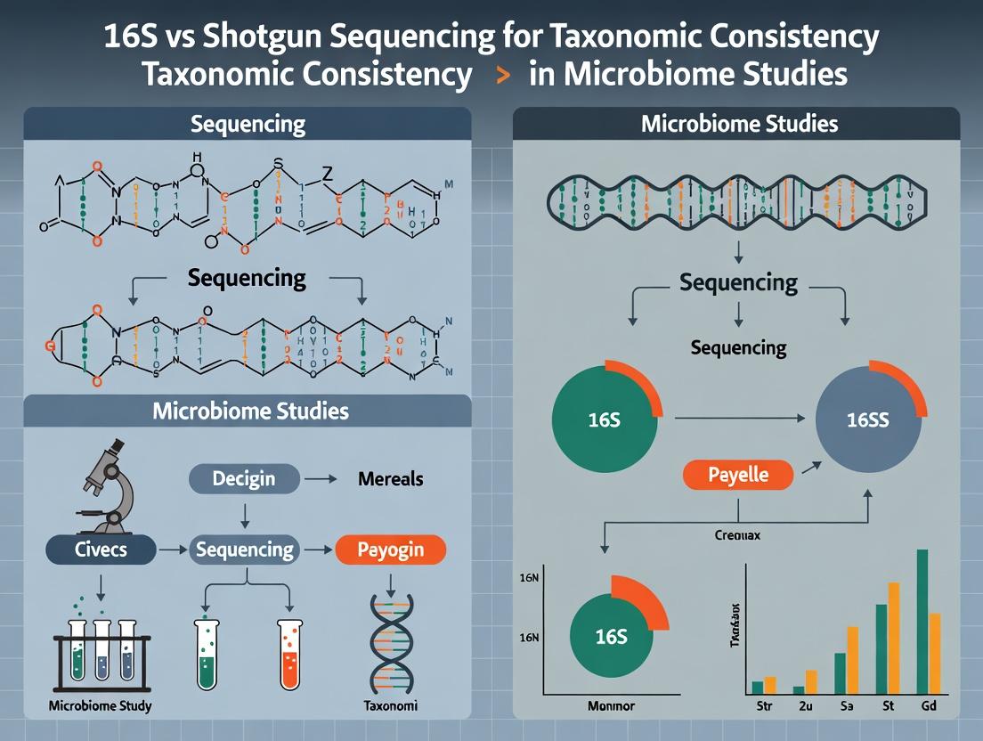 16S vs. Shotgun Metagenomics: Achieving Taxonomic Consistency in Microbiome Analysis for Biomedical Research