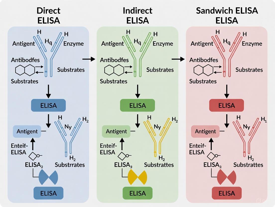 Direct, Indirect, and Sandwich ELISA: A Comprehensive Comparison for Researchers