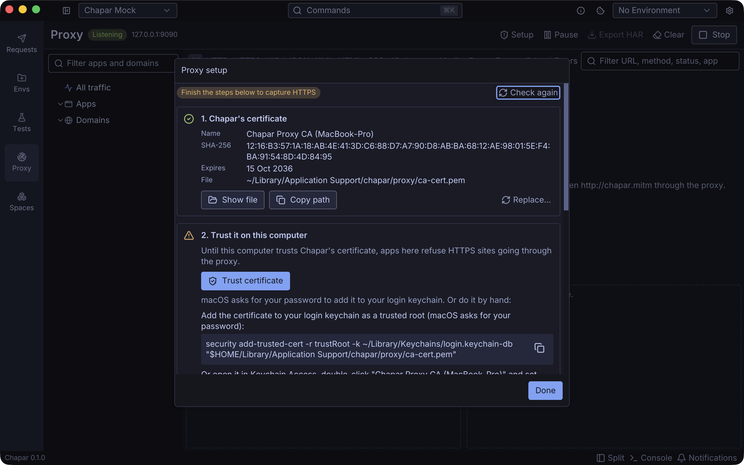 Proxy certificate setup