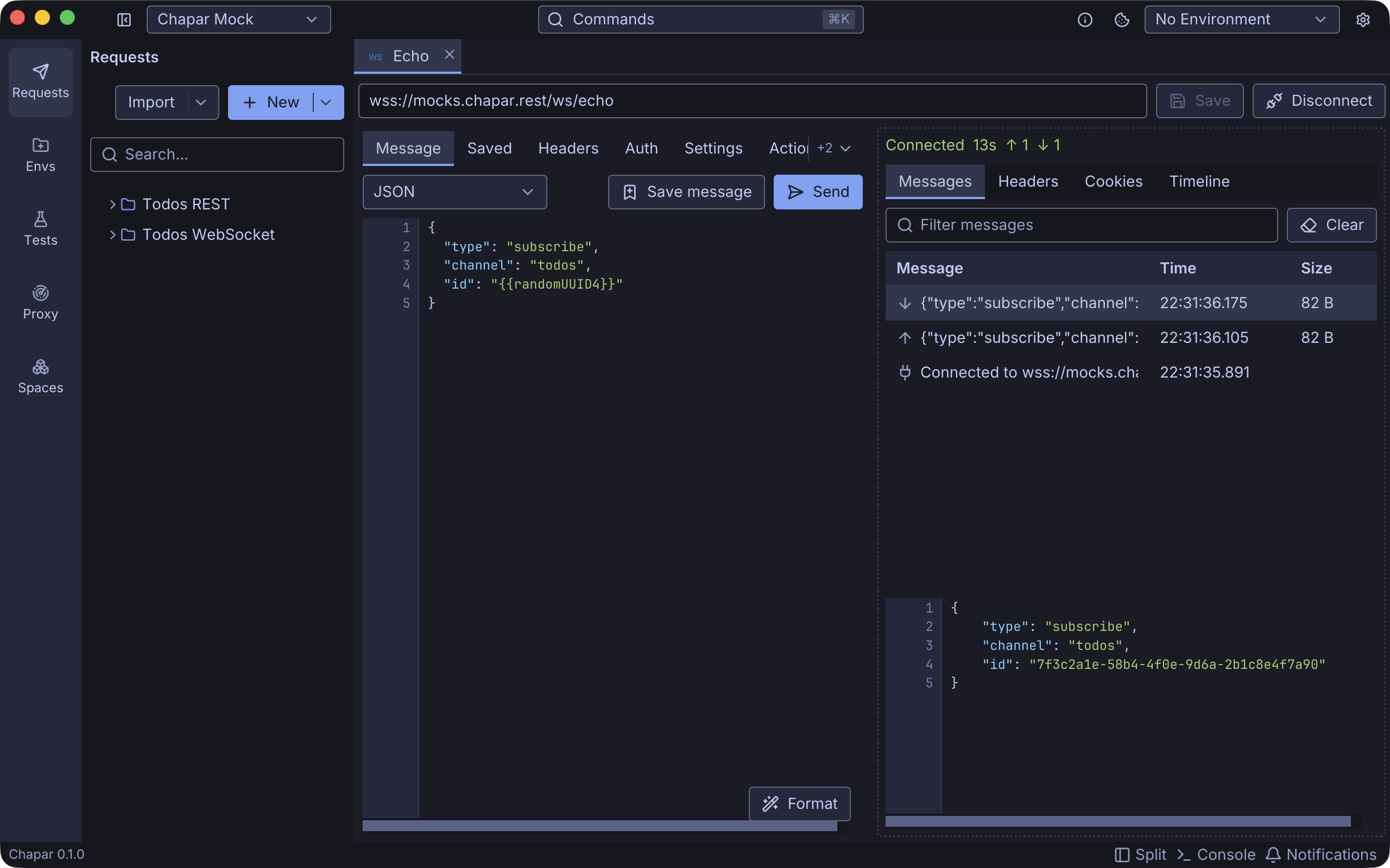 WebSocket request and message log
