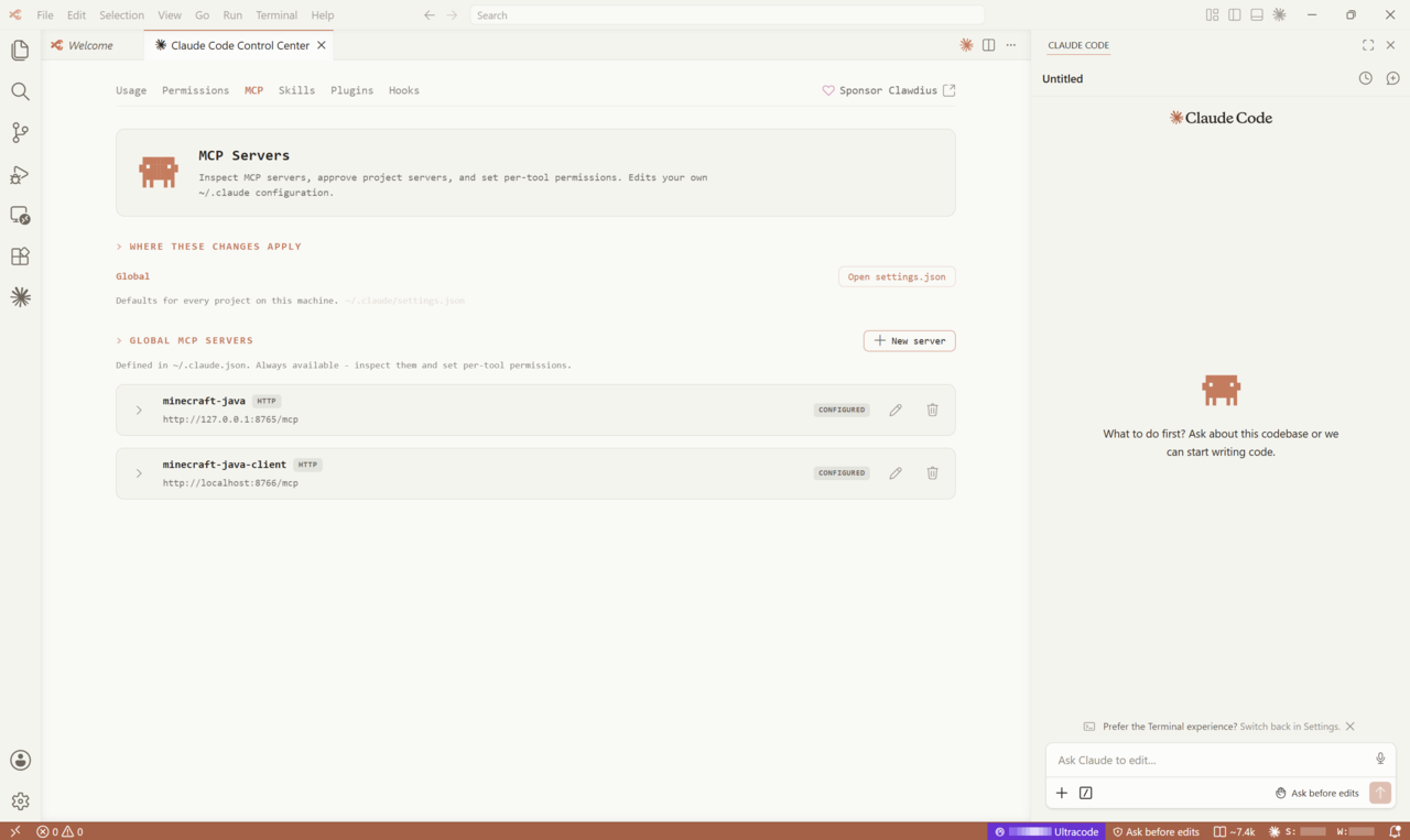 The MCP tab of the Control Center