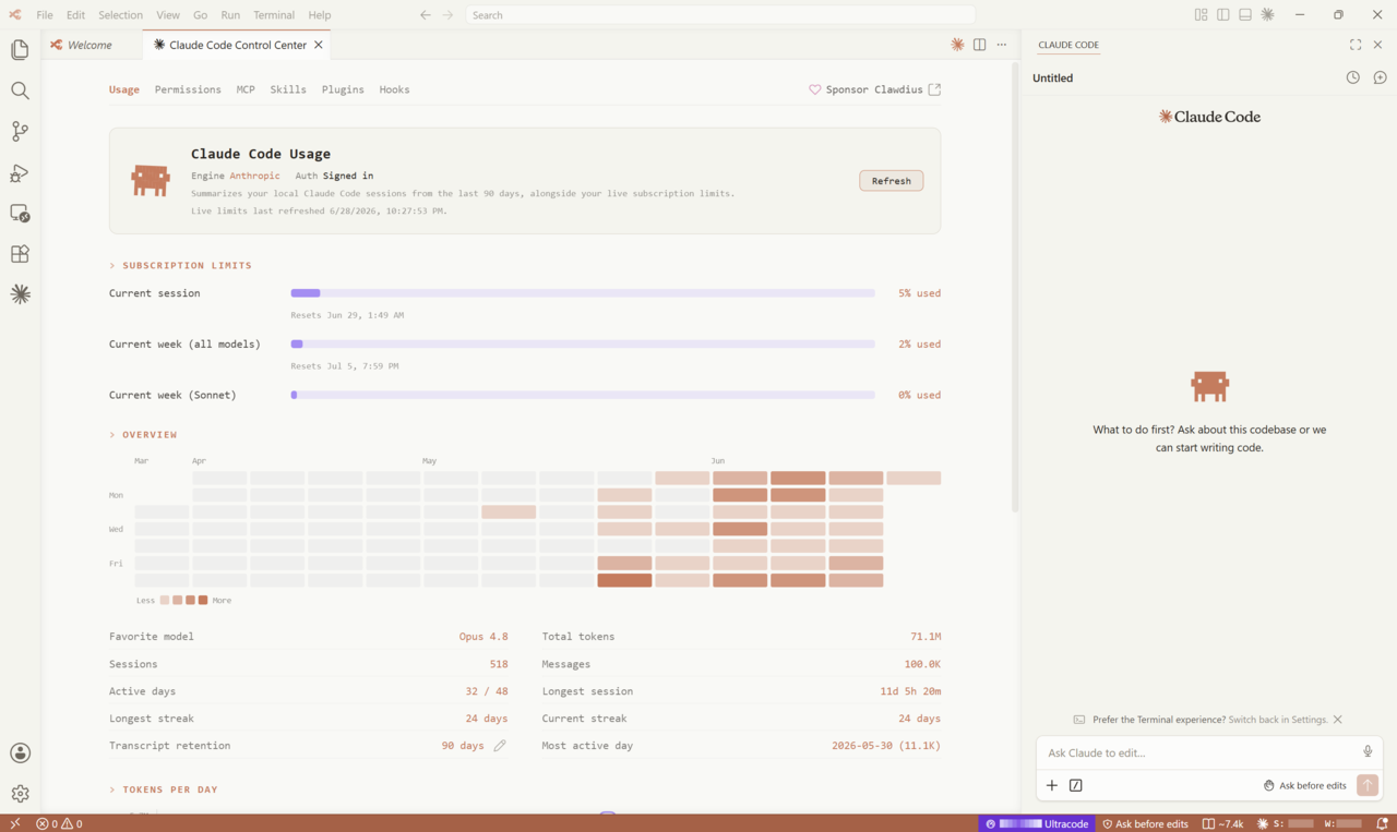 The Clawdius usage dashboard