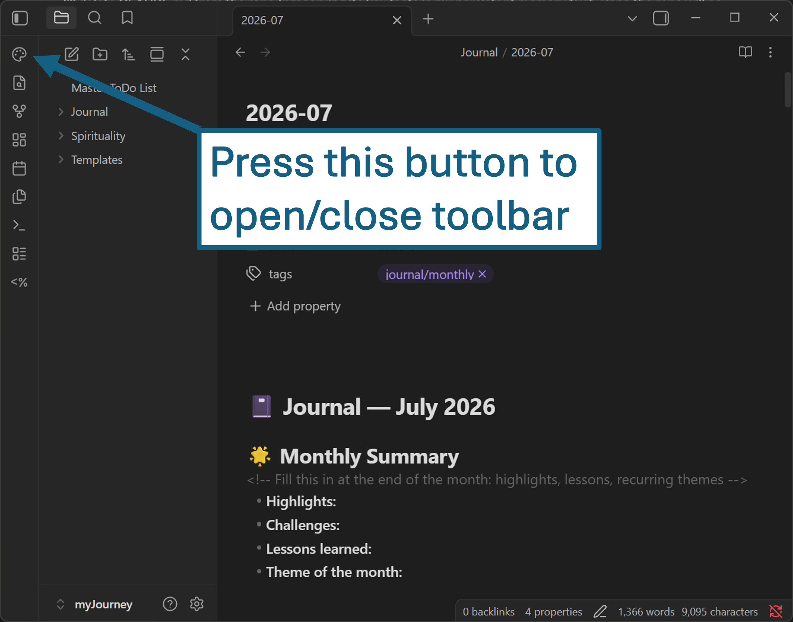 The palette icon in the left ribbon toggles the toolbar