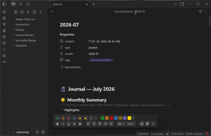 The floating toolbar over a note, with color, highlight, style, symbol, alignment, indentation, size, and font controls