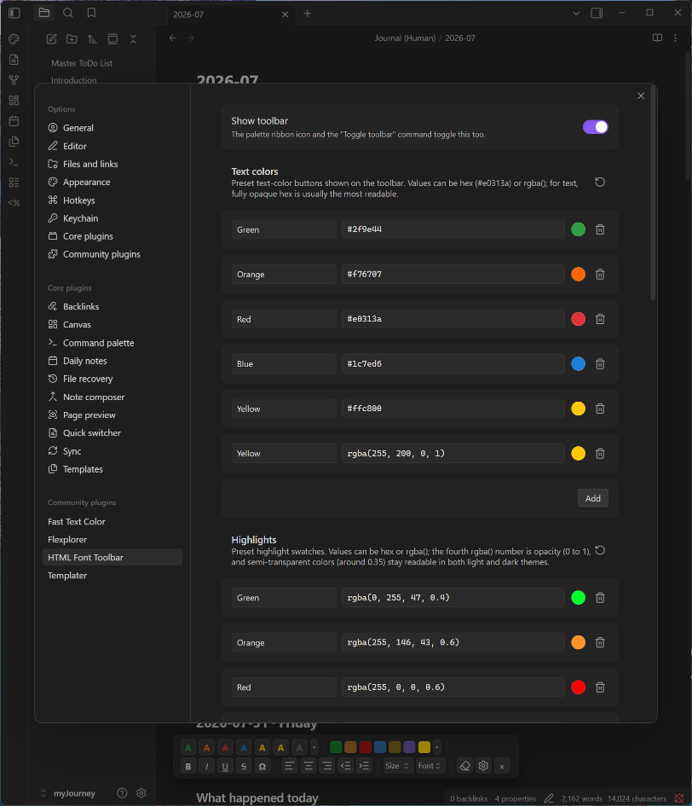The settings tab with editable preset lists for text colors and highlights