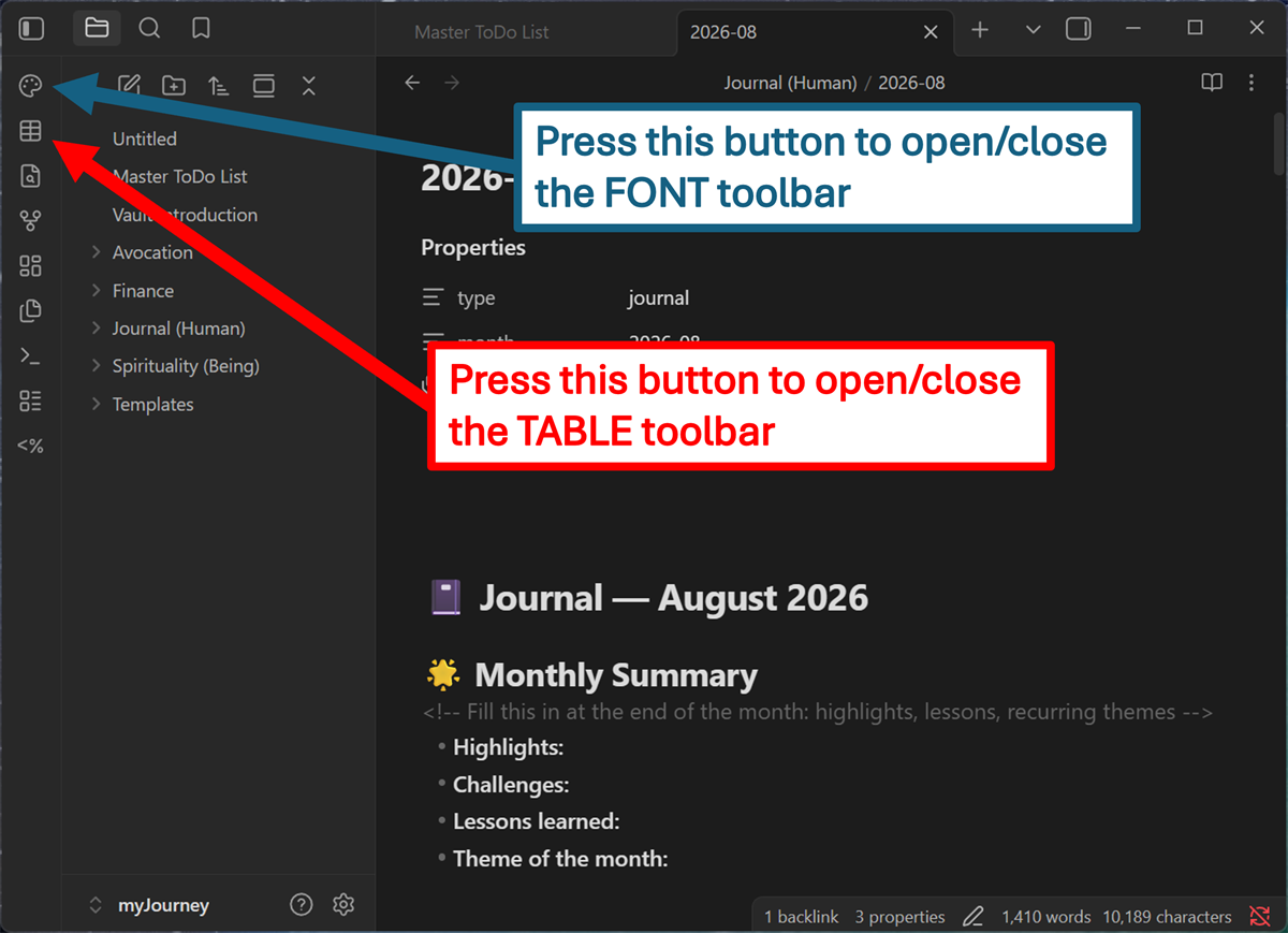 The palette icon toggles the font toolbar, the table icon toggles the table toolbar