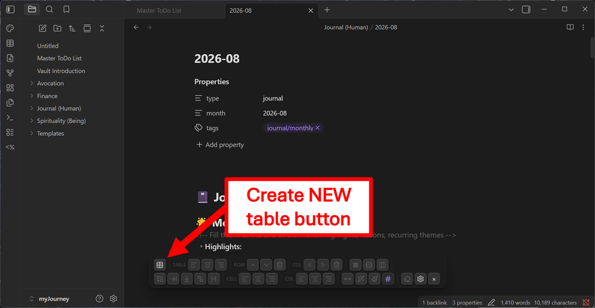 The table toolbar over a note, showing the table, row, column, border, merge, alignment and formatting controls