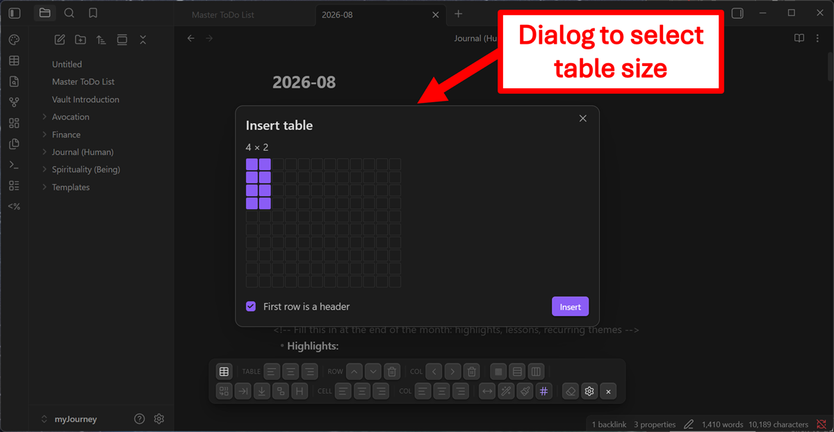 The insert dialog: a hover grid reading 4 × 2, a "First row is a header" tick, and an Insert button