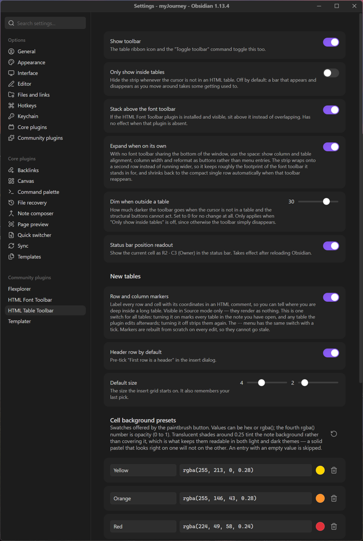 The settings tab: toolbar behaviour, marker switch, new-table defaults and editable cell background presets