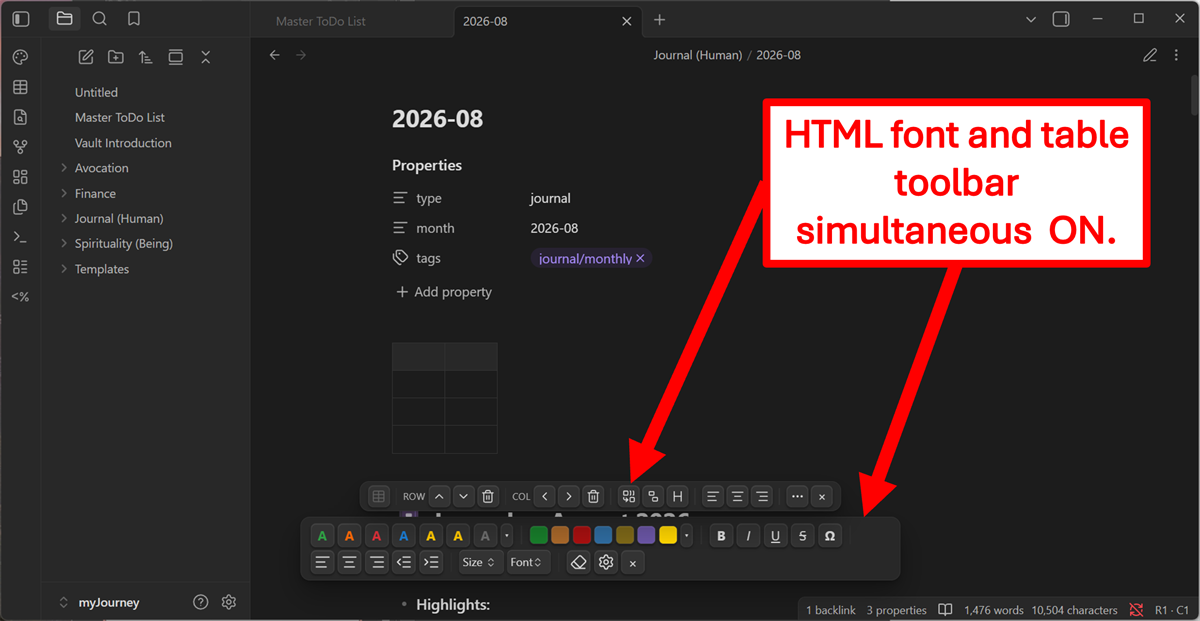 Both toolbars on at once: the table strip stacked above the font toolbar, which has wrapped onto two rows
