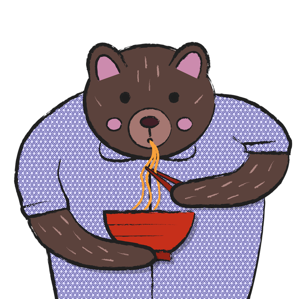 Bear wearing a button up shirt textured with blue recycle symbols eating a bowl of noodles with chopsticks.