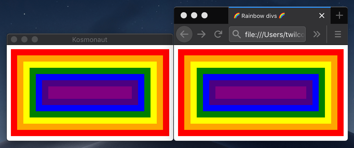 Kosmonaut and Firefox rendering HTML and CSS the same, resulting in a picture of some rainbow colored boxes.